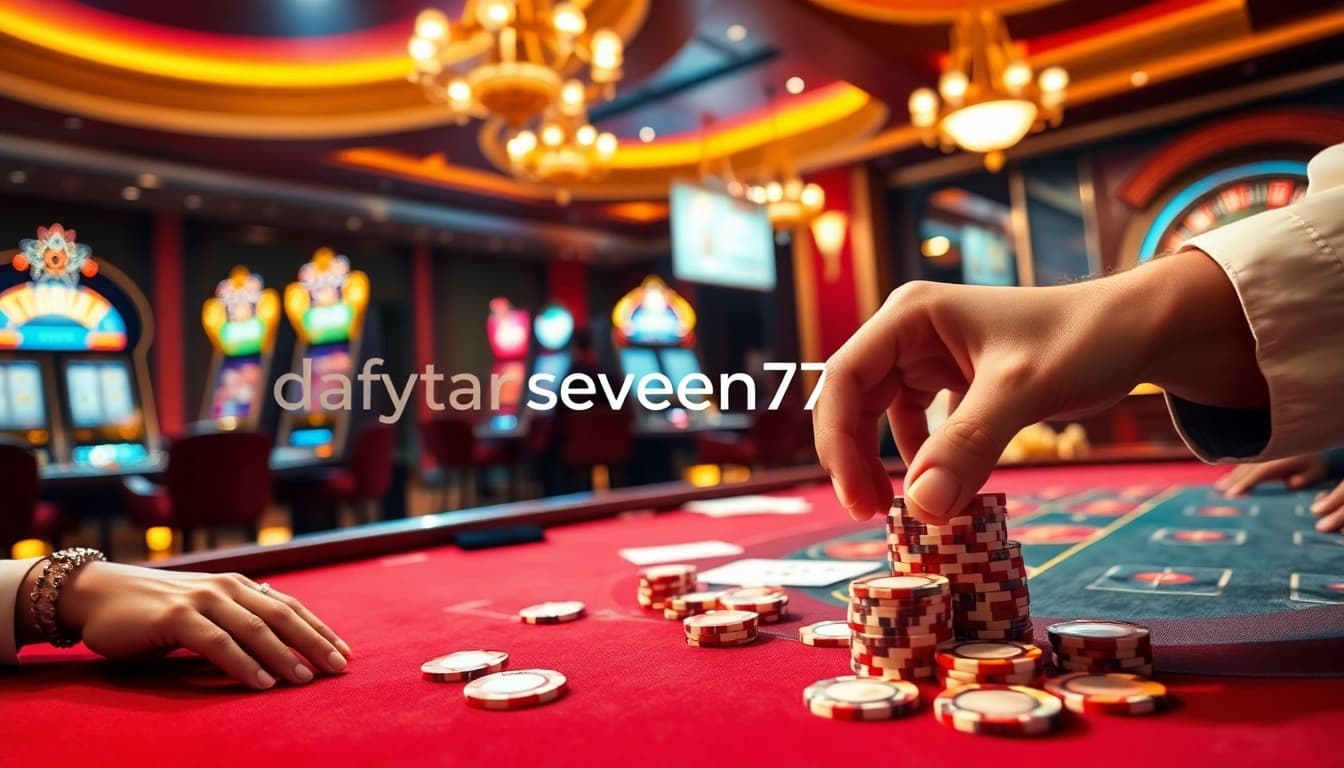 Engaging players at a poker table in a luxurious casino showcasing daftar seven77 excitement.