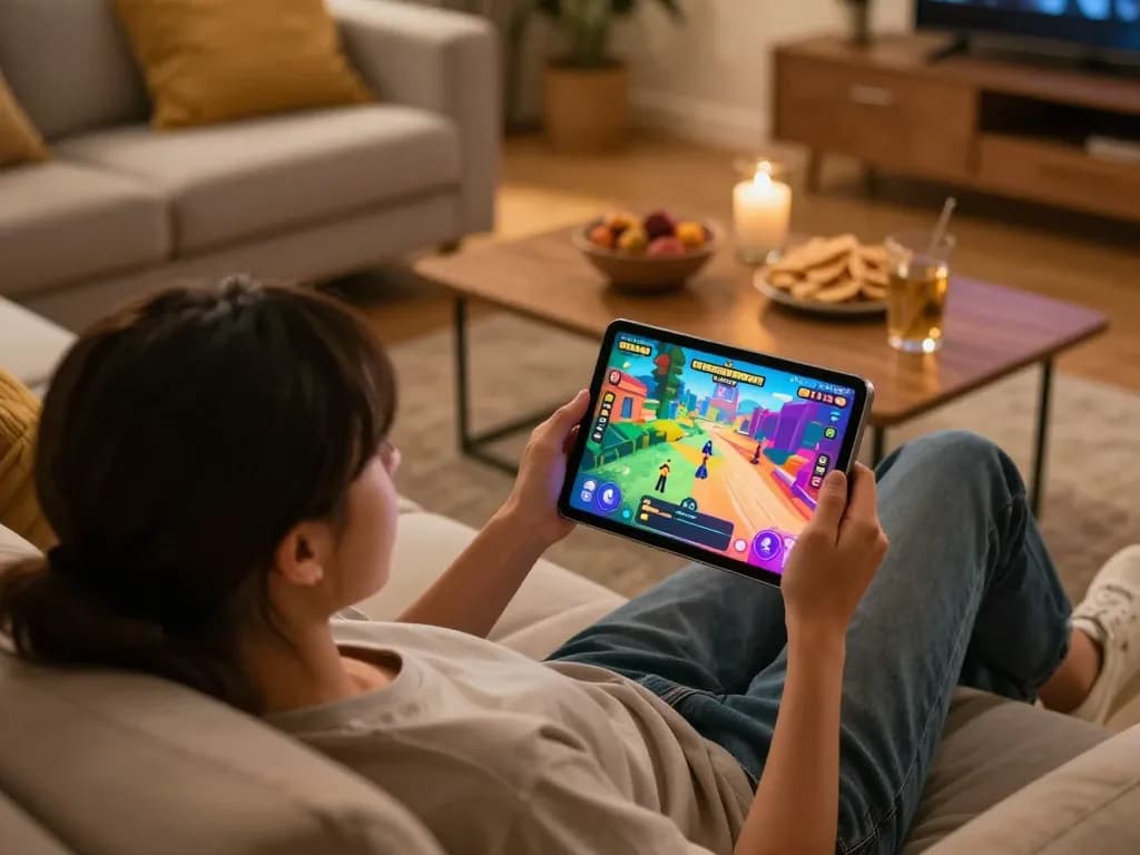 Engaging with an nsfw game on a tablet in a cozy living room setting.