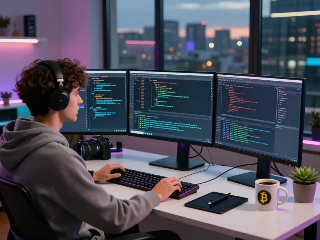 Engineer coding smart contract mining in a modern workspace with multiple monitors and city skyline.