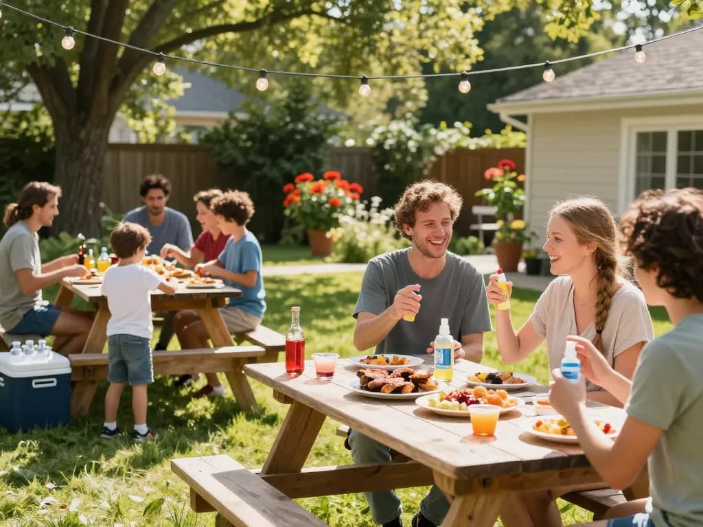 A family enjoying a summer barbecue while applying mosquito repellent for protection.
