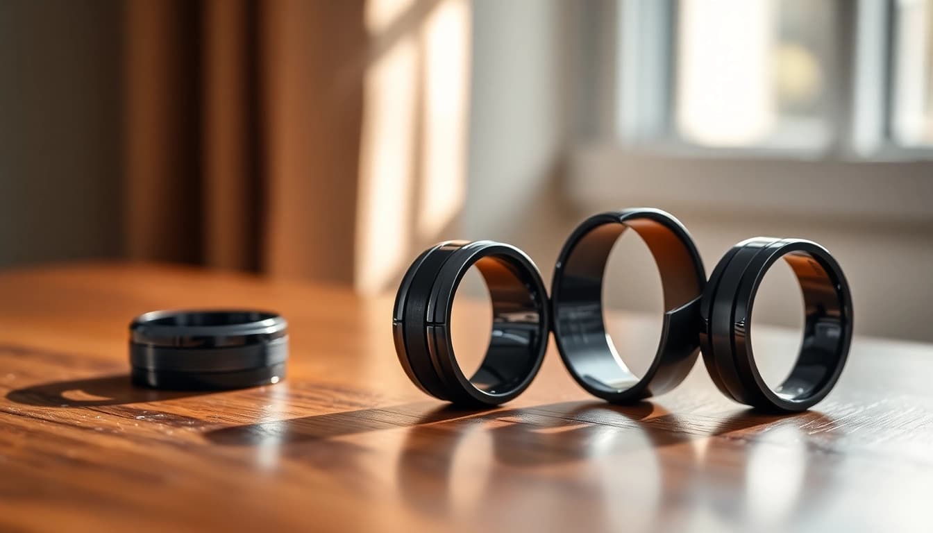 Showcase of Black Wedding Rings for Men highlighting various styles and materials on a wooden surface.