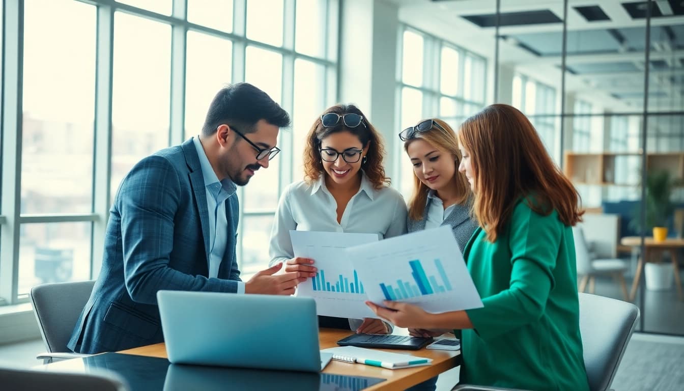 Analyze competitor pricing strategies with a diverse team collaborating in a bright office.