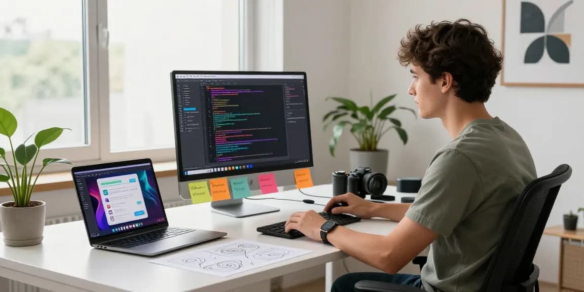 Engaging tech workspace with a professional using spicy ai chatbot design tools, vibrant coding display, and creative decor.