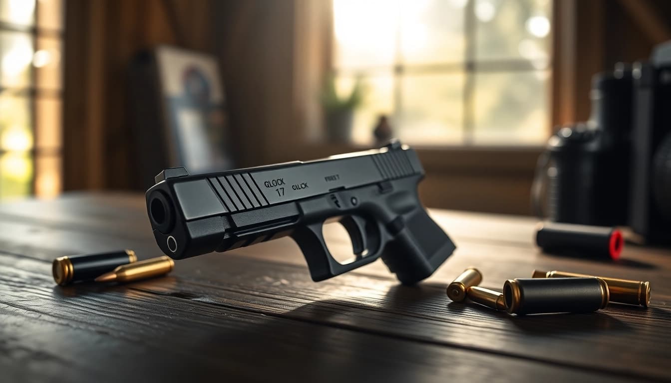 Showcasing a glock 17 slide for sale with detailed engravings and a polished metallic finish.