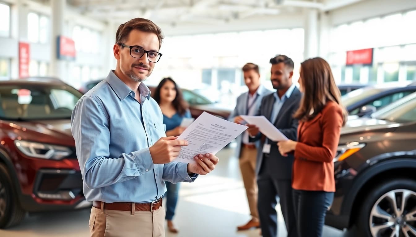 Discussing vehicle service contract options at a car dealership setting.