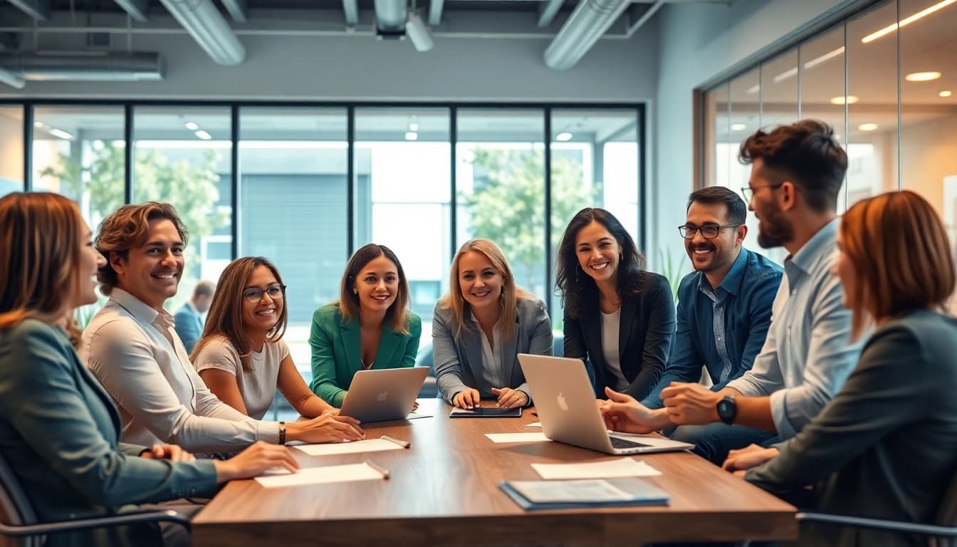 Engaged professionals in a business coaching service session collaborating effectively in a modern office.