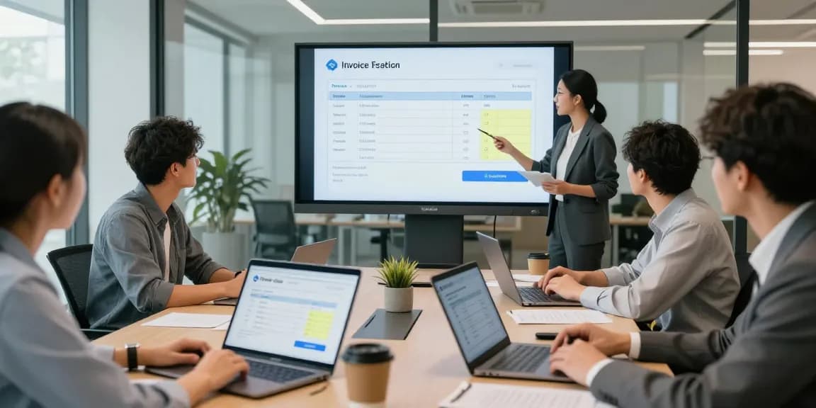 Team members collaborating to detect fraud invoices using advanced AI technology in a modern office setting.