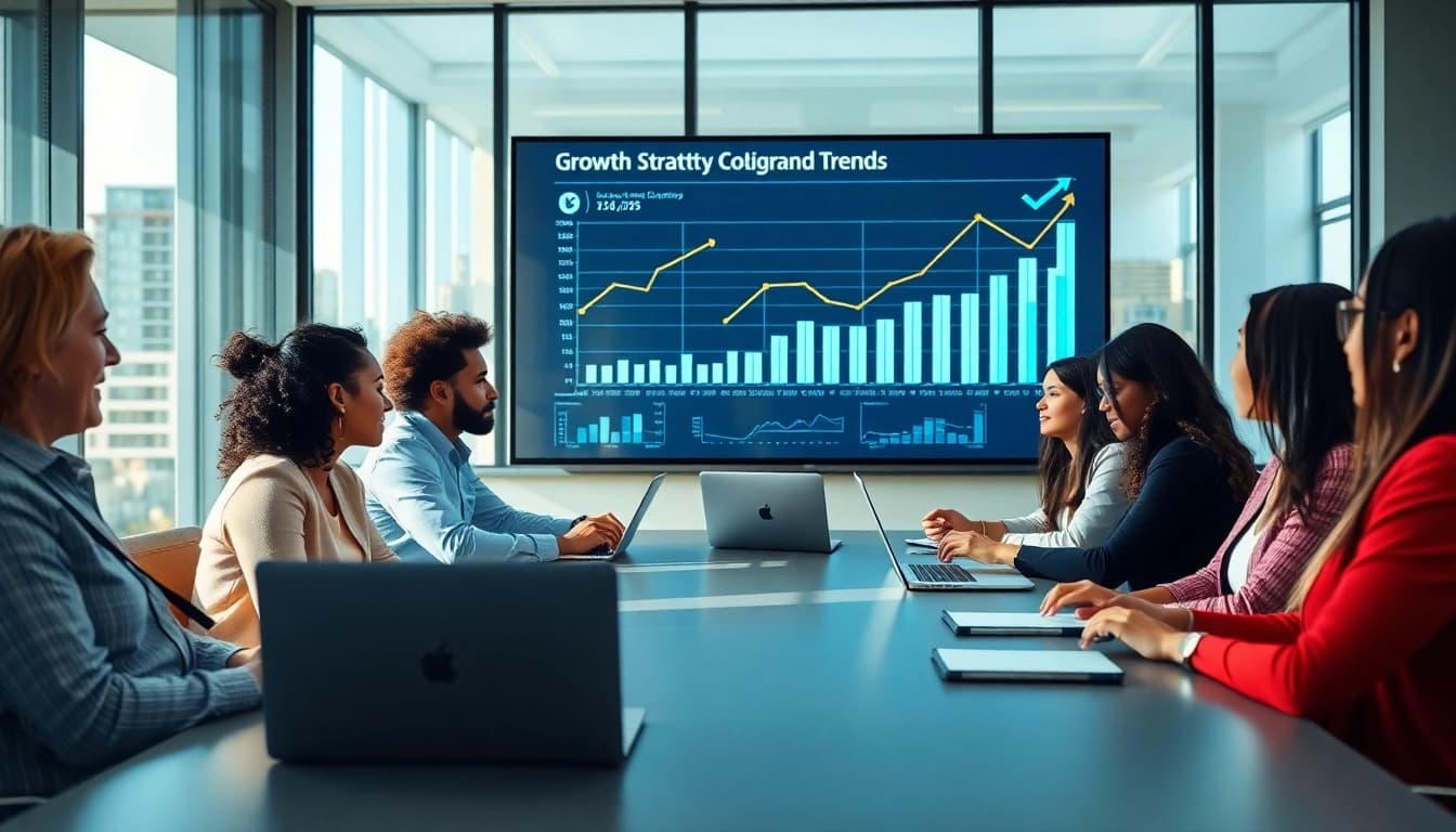 Analyze growth strategy trends during an engaging business meeting with professionals.