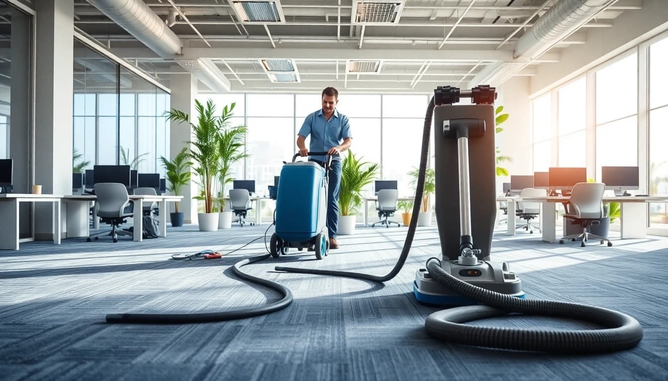 Commercial carpet cleaners actively maintaining a modern office space, ensuring cleanliness and professionalism.