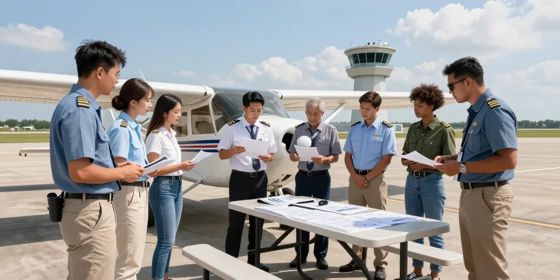 Aspiring pilots engaged in pilot license training near me, performing pre-flight checks on an aircraft.