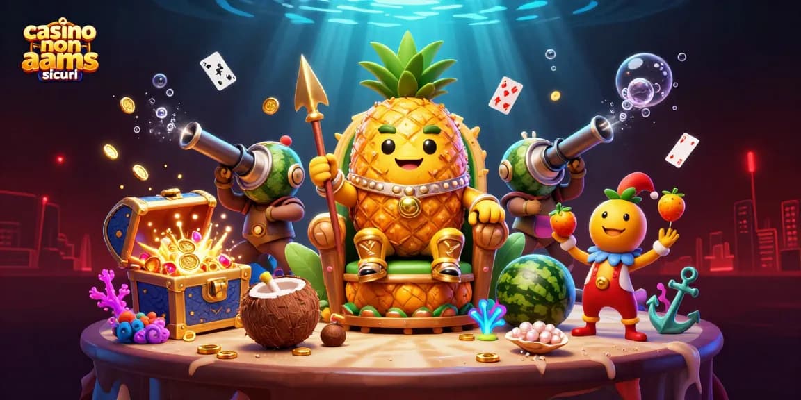 Cattura l'azione nei casino non AAMS sicuri con il re ananas e i suoi guardiani in una scena vivace.