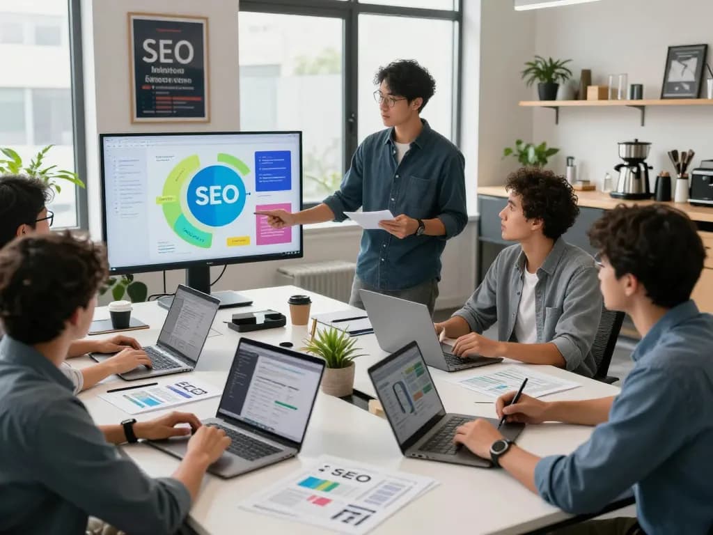 Collaborative team meeting at an SEO Company in NYC, showcasing strategic marketing discussions and digital analytics.