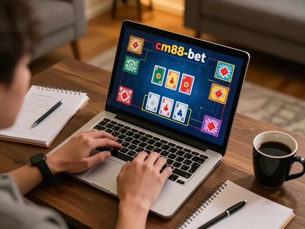 Person placing bets and strategizing gameplay on cm88-bet online gaming portal at home
