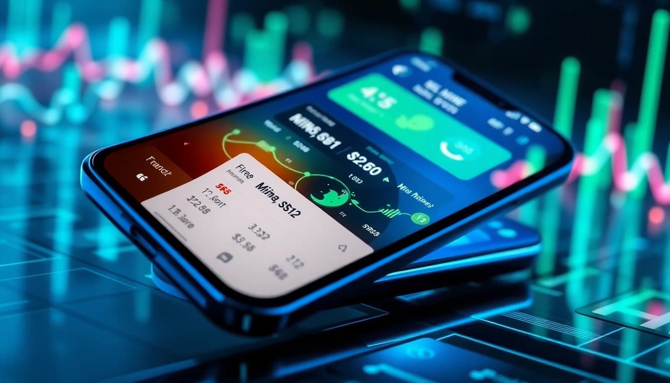Interactive interface of a crypto mining app on a smartphone displaying real-time statistics and vibrant graphics.