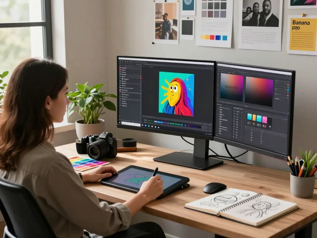 Graphic designer utilizing nano banana pro in a modern creative workspace with AI-generated images.