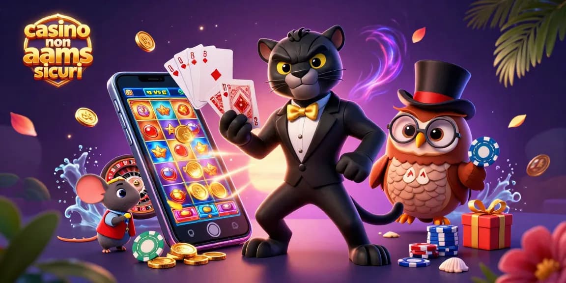 Illustrazione di un casinò non AAMS sicuro con un elegante puma nero che distribuisce carte, circondato da giochi e fiches.