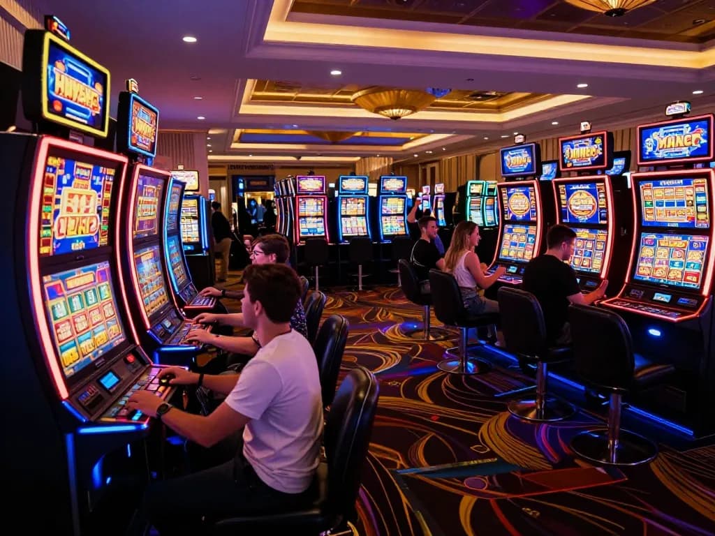 Players enjoying the excitement of slot machines on sunwinapk at a vibrant casino floor