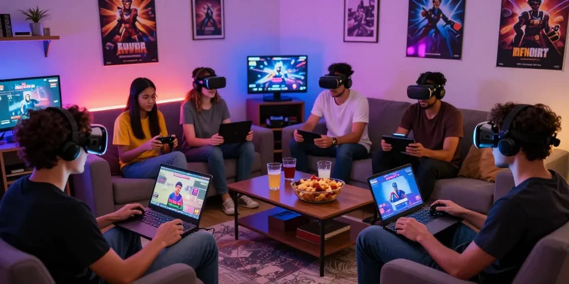 Players enjoying free porn games in a vibrant living room setting, showcasing an immersive gaming experience.