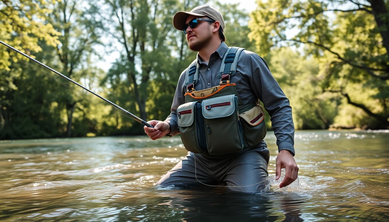 Angler using fly fishing chest pack while casting a line in a serene river setting.