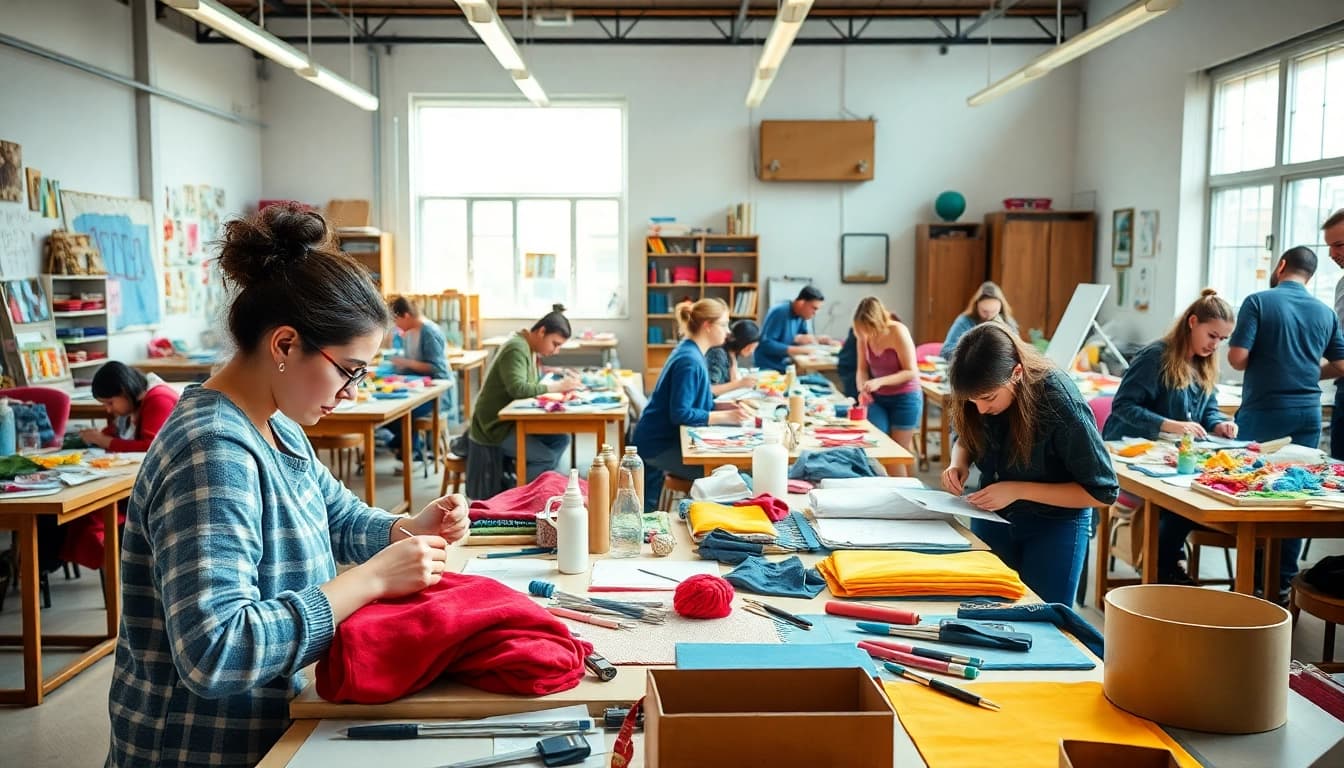 Engaged trainees in a craft trainee program creating dynamic projects in a vibrant workshop.