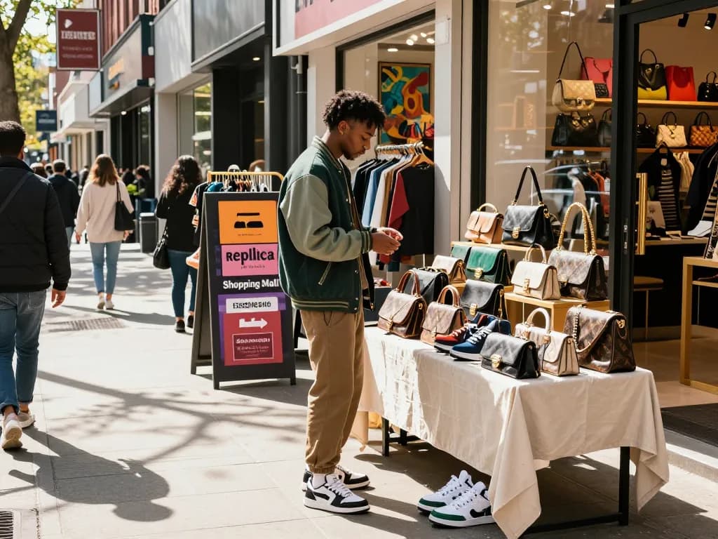 Engaging shopping experience at a replica shopping mall showcasing high-quality fashion items in a vibrant urban setting.