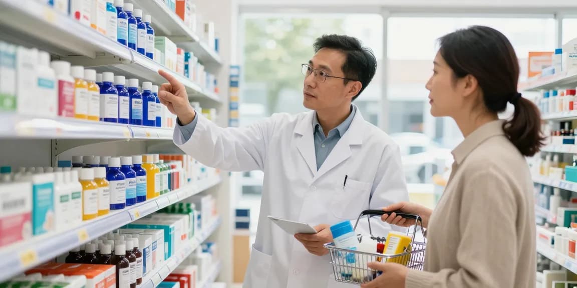 Pharmacist assisting customer in selecting 藍藥水 among various health products in a bright pharmacy.