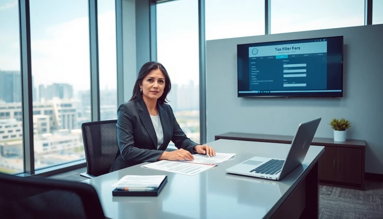 Corporate Tax Return Filing in UAE scene with an Emirati executive in a modern office.