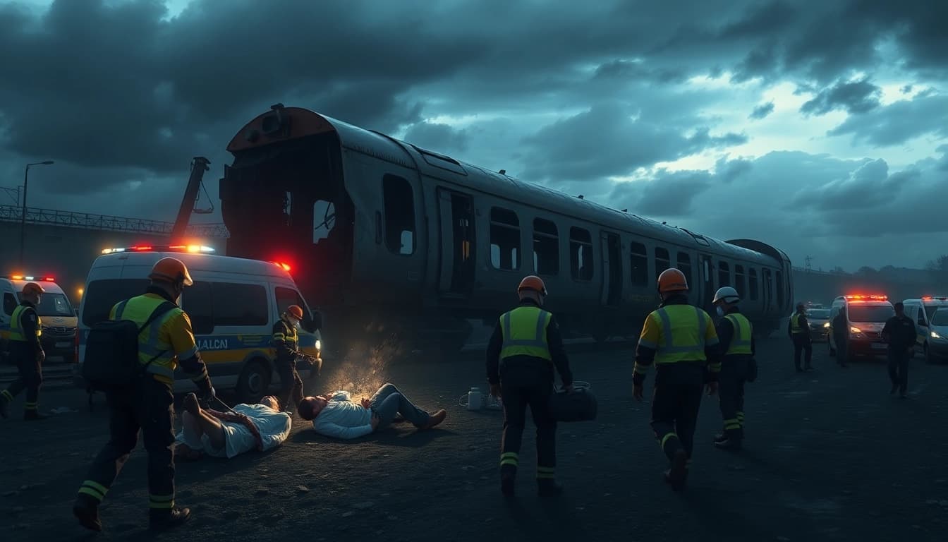 Scene depicting the Spain train crash with responders assisting injured individuals amid wreckage.