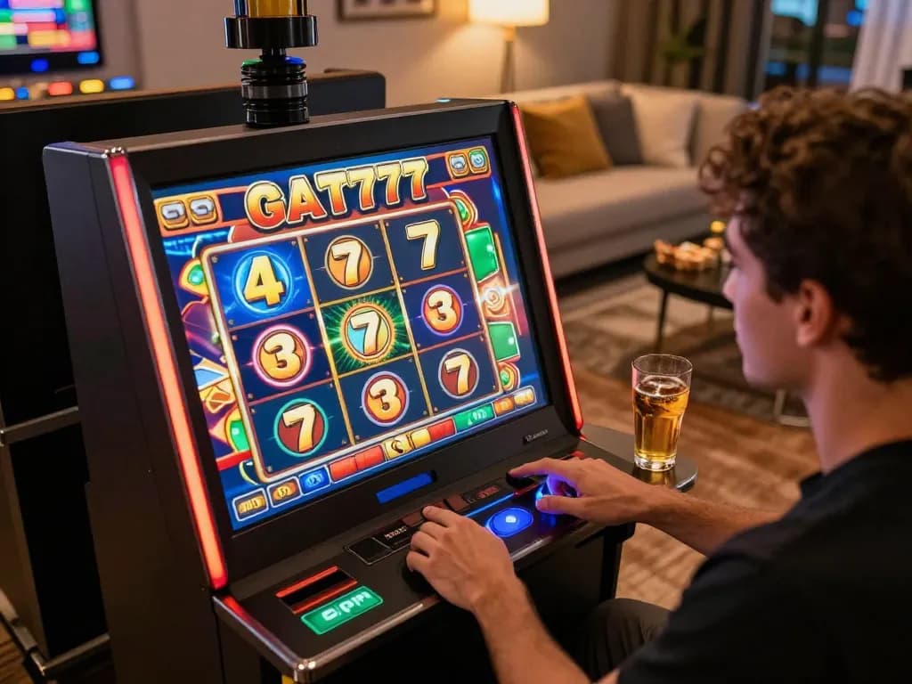 Player enjoying slot gacor 777 at home, showcasing excitement and strategy in online gaming.