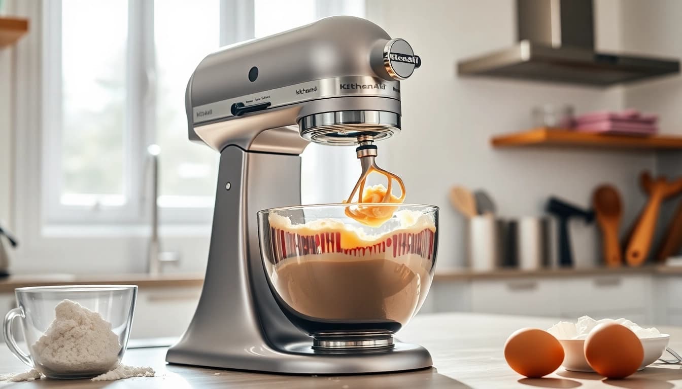 Using a KitchenAid mixer NZ to blend ingredients for a colorful cake batter in a modern kitchen.