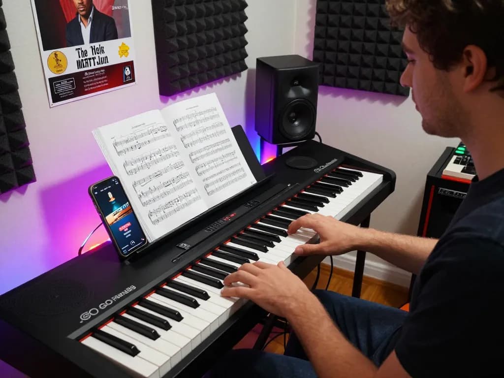 Musician playing go 88 digital piano in vibrant home studio, showcasing passion for music.