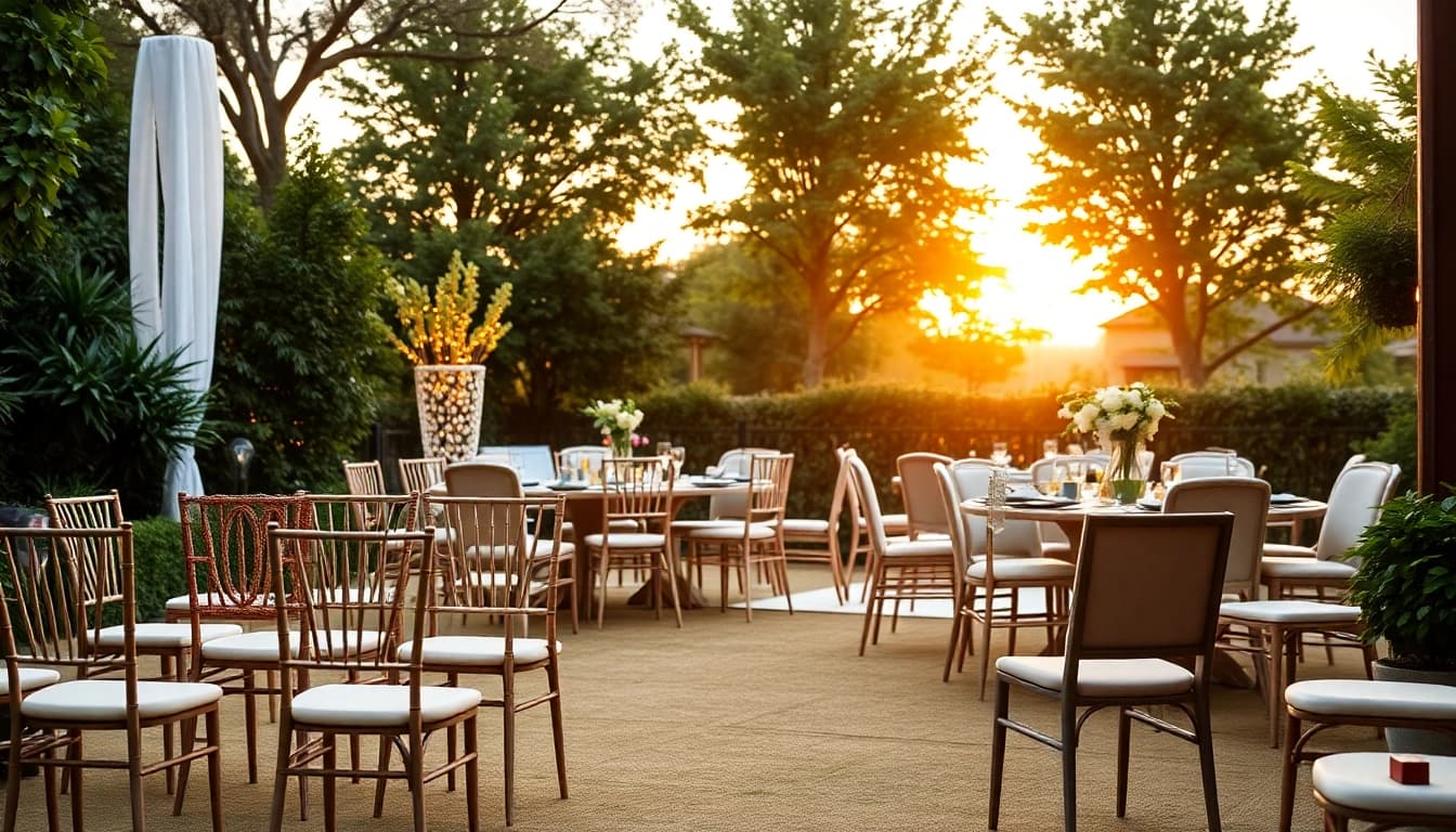 Browse elegant chair rentals that elevate any event in this beautifully designed outdoor setup.