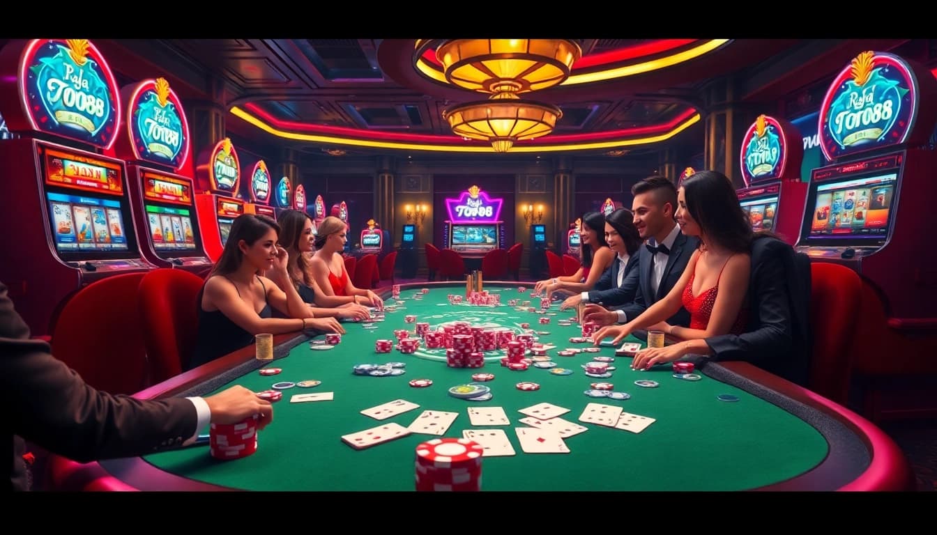 Players enjoying top games at raja toto88 casino with vibrant chips and cards.