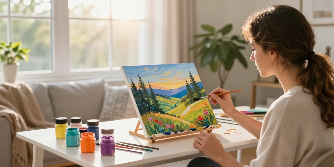 Adult paint by number session in a cozy home studio with vibrant paints and peaceful atmosphere.