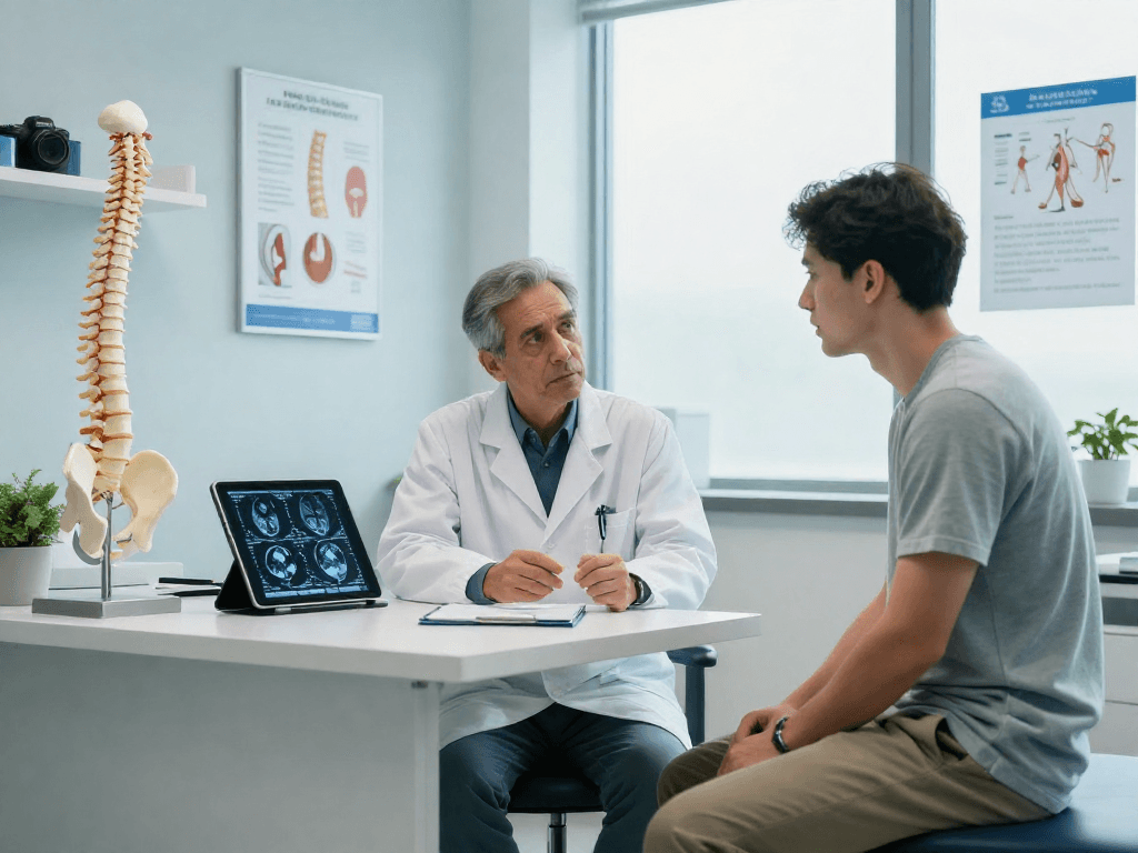 In-depth consultation about bel fıtığı ameliyatı options between surgeon and patient in a modern medical setting.