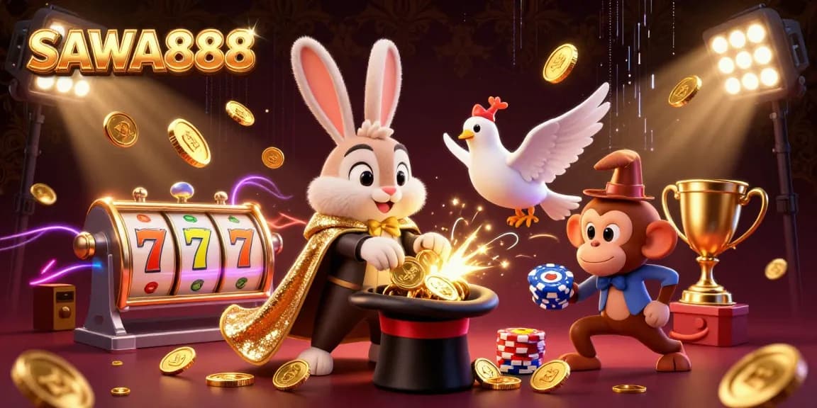 SAWA888 enhances winning chances with a vibrant casino scene featuring a magician rabbit, dove, and monkey.