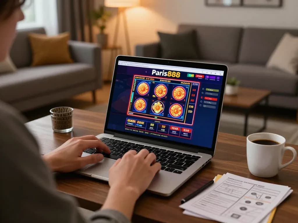Engaged player using paris888 online casino interface at home for exciting gameplay.
