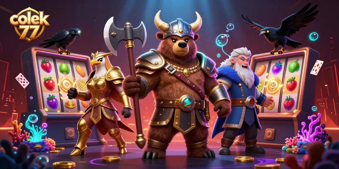 Engage with colek 77 in this vibrant casino scene featuring Viking bear and Valkyrie.