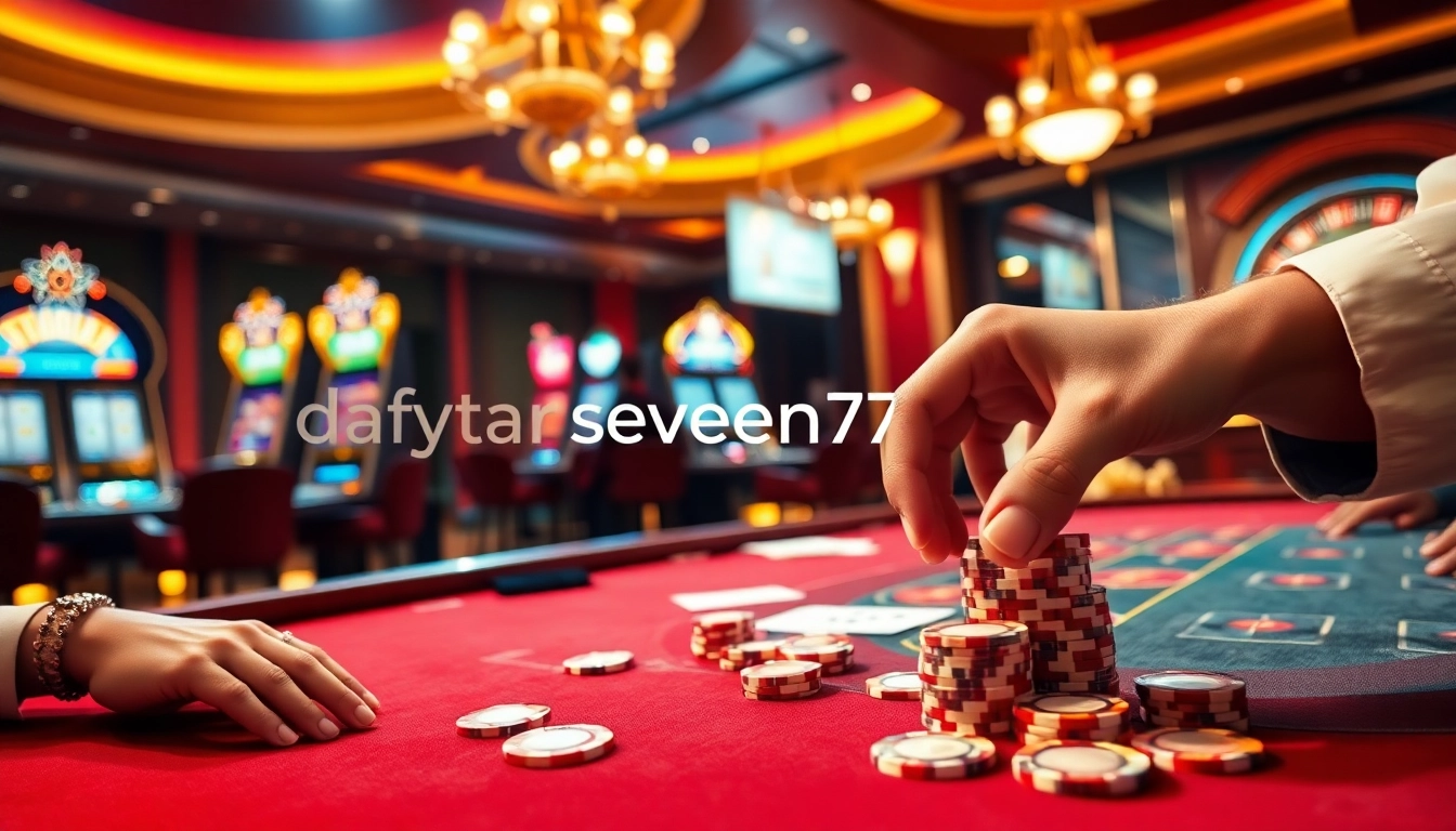 Engaging players at a poker table in a luxurious casino showcasing daftar seven77 excitement.