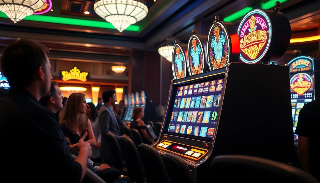 Mainkan slot aplikasi di mesin slot berwarna-warni di kasino yang ramai.