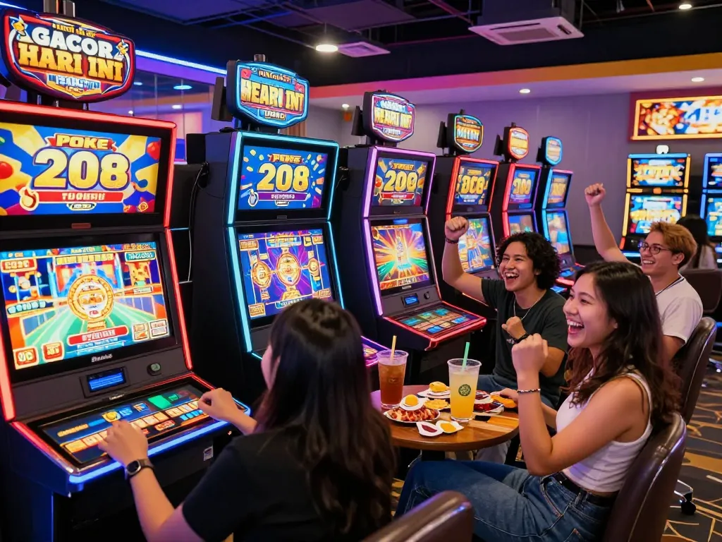 Exciting slot gacor hari ini gaming scene with friends enjoying vibrant casino atmosphere.