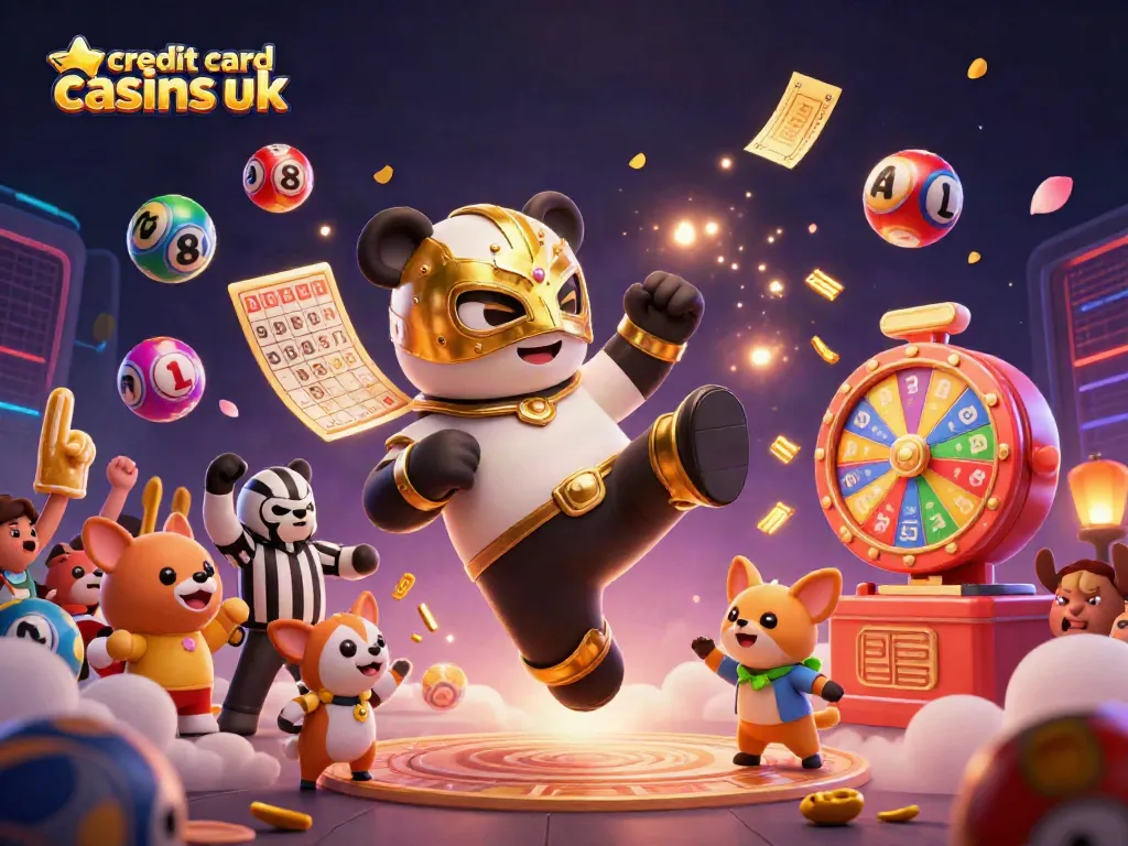 Exciting scene of credit card casinos uk with a flying panda wrestler, lottery balls, and cheering animal fans.