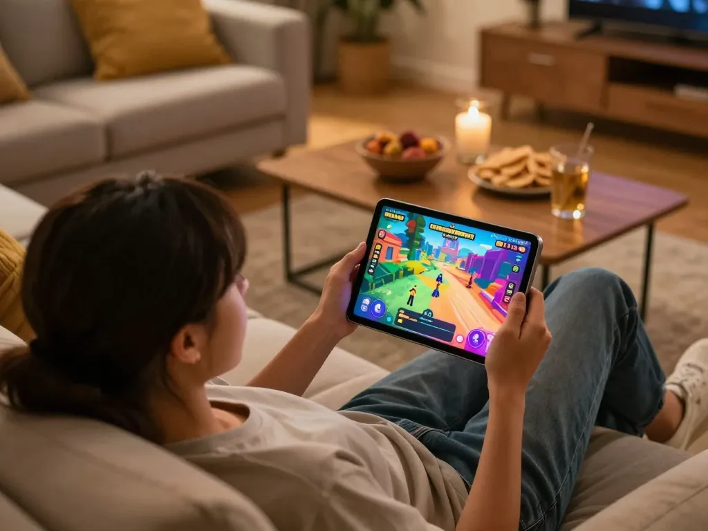 Engaging with an nsfw game on a tablet in a cozy living room setting.