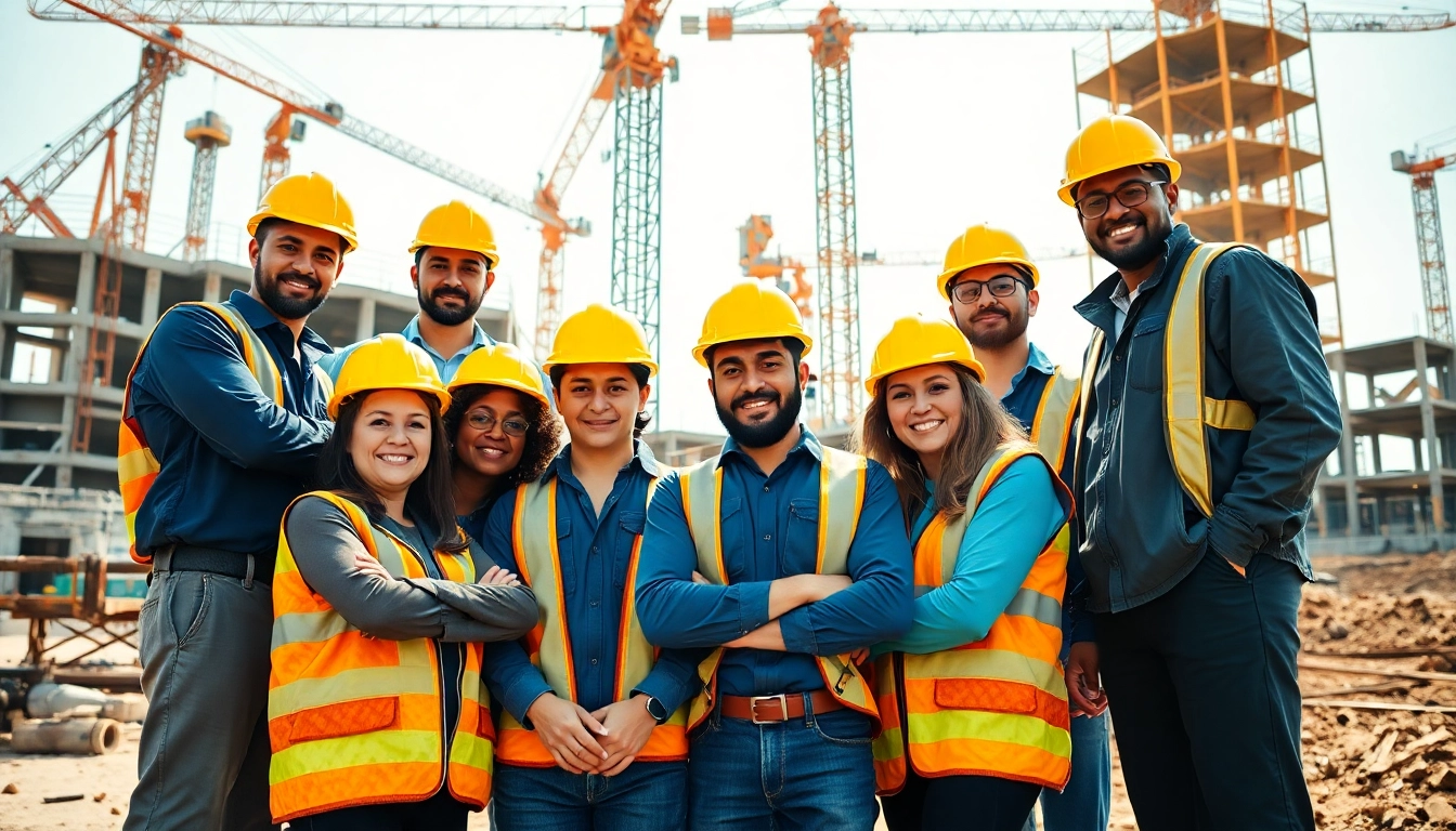 Construction career professionals collaborating on site, showcasing diverse teamwork.
