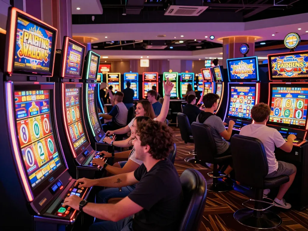 Excited players spinning slot machines in a vibrant casino atmosphere filled with colorful lights.