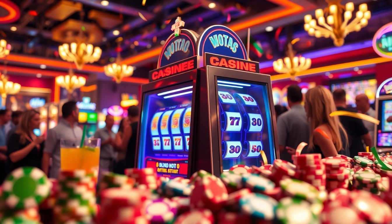 Mainkan Slot77 di kasino yang ramai dengan mesin slot dan pemain bersemangat.