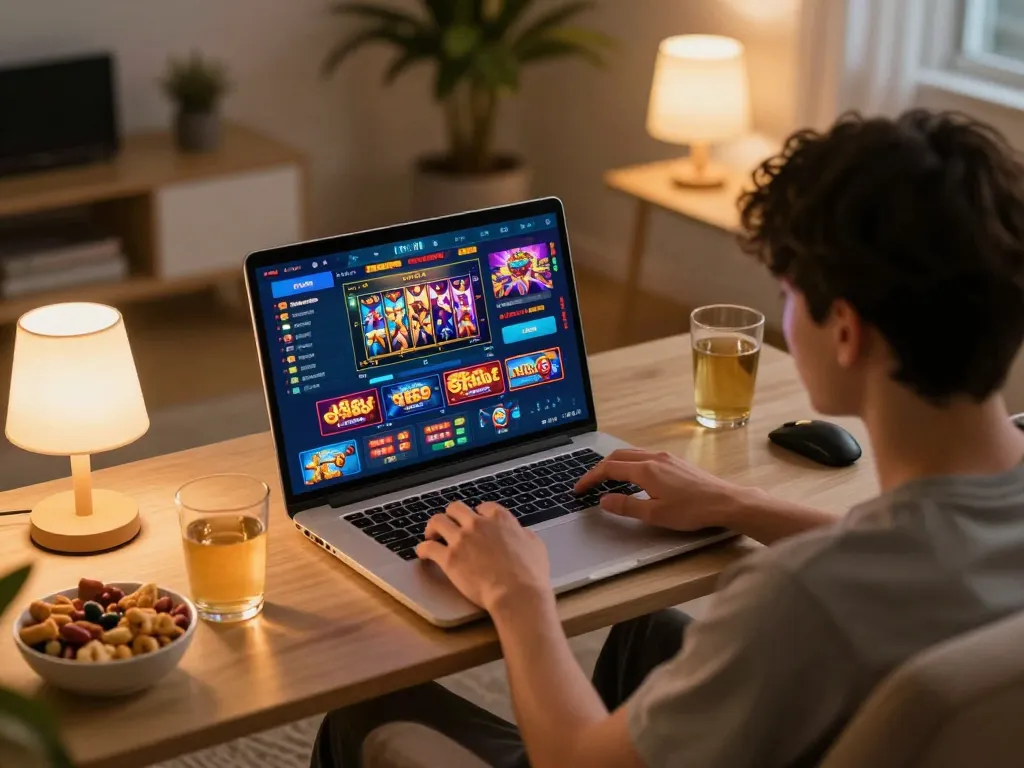 Engaging with various slot888 games on a laptop in a cozy home environment.