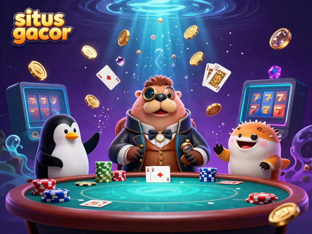 Experience situs gacor with a jolly walrus, penguin dealer, and a pufferfish at an underwater poker table.