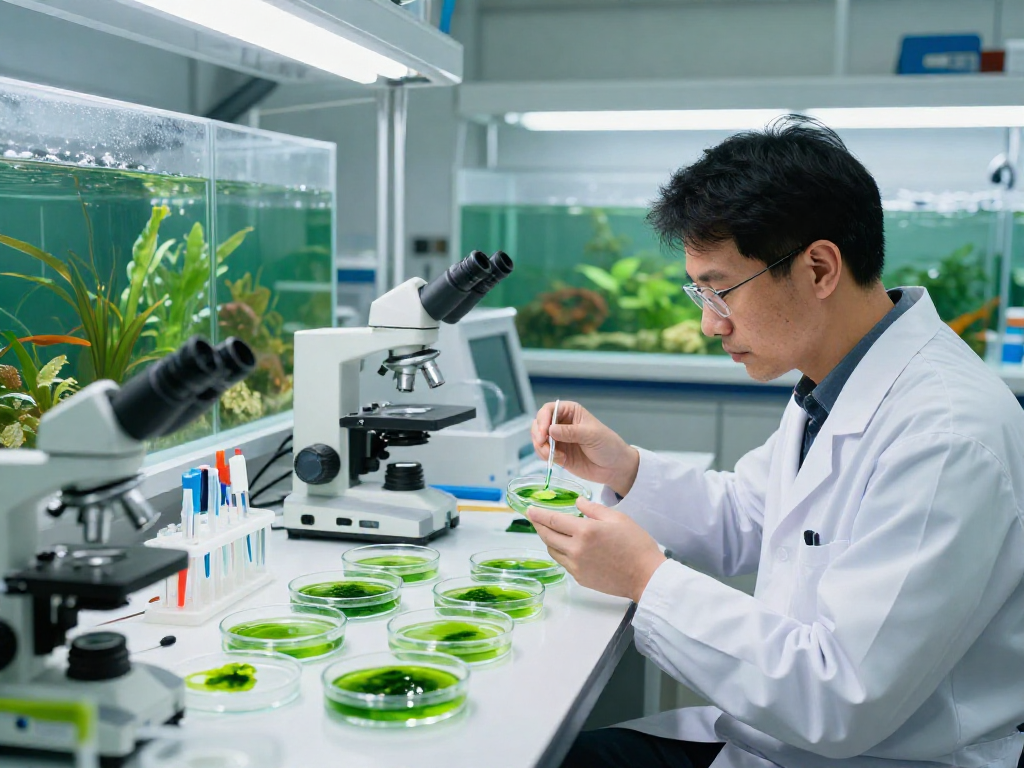 Researcher analyzing microalgae astaxanthin in a modern lab.