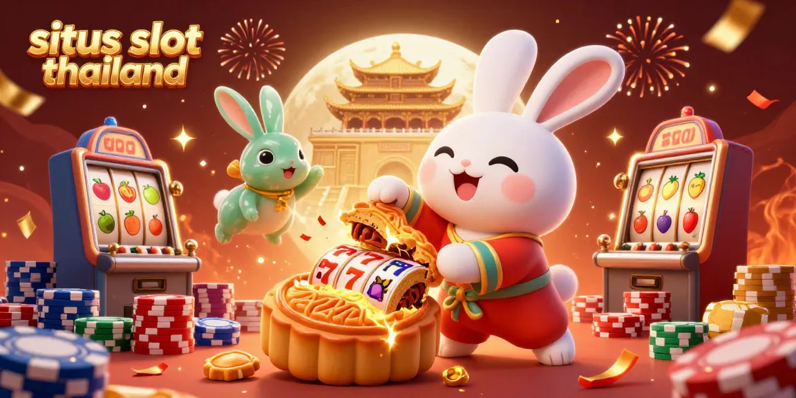 Sit back and win with situs slot thailand, a vibrant 3D scene featuring a playful moon rabbit and slot reels bursting with excitement.